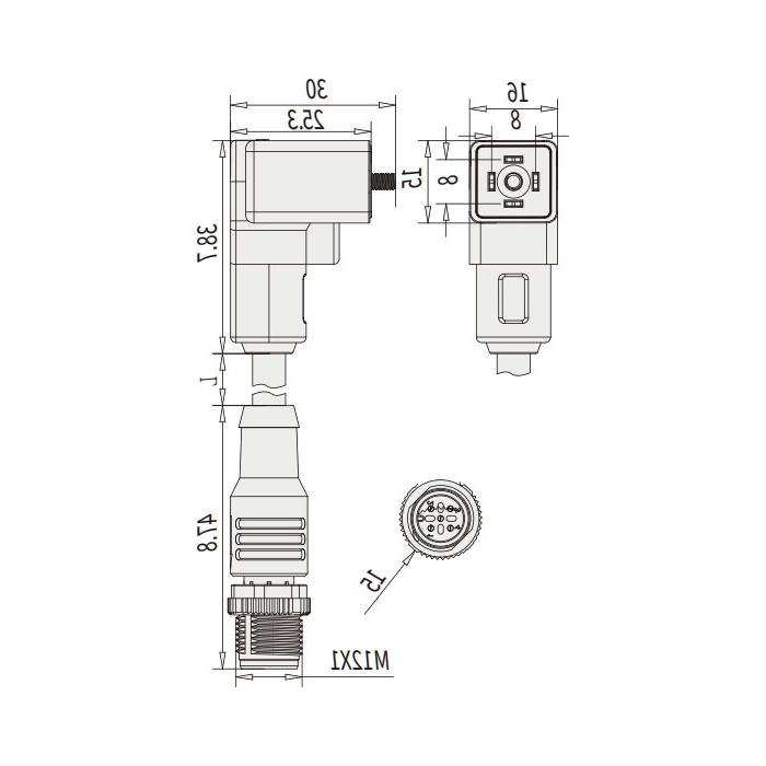 Valve plug type C, DIN, 8mm, 4Pin/M12 male straight, double end pre-cast PVC non-flexible cable, grey sheathed, 6VC023-XXX